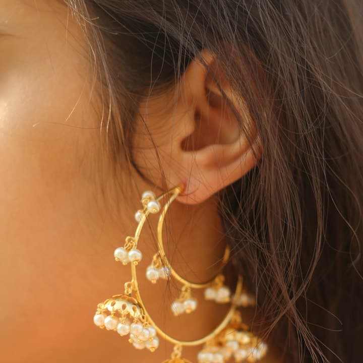 Handmade gold jhumka earrings with pearls